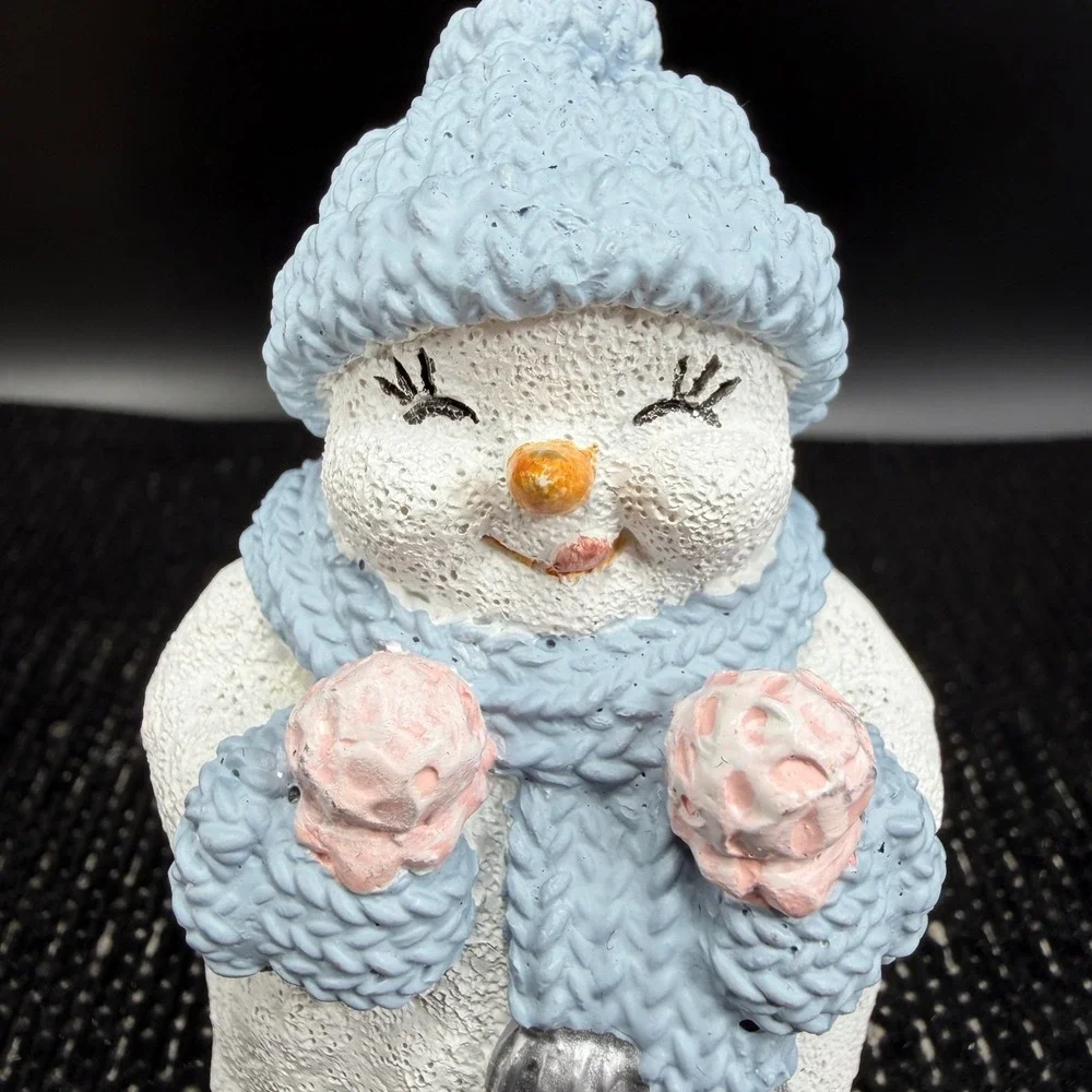 Encore Snow Buddies Snowman Figurine Blue Knit Hat Scarf Pink Mittens Winter